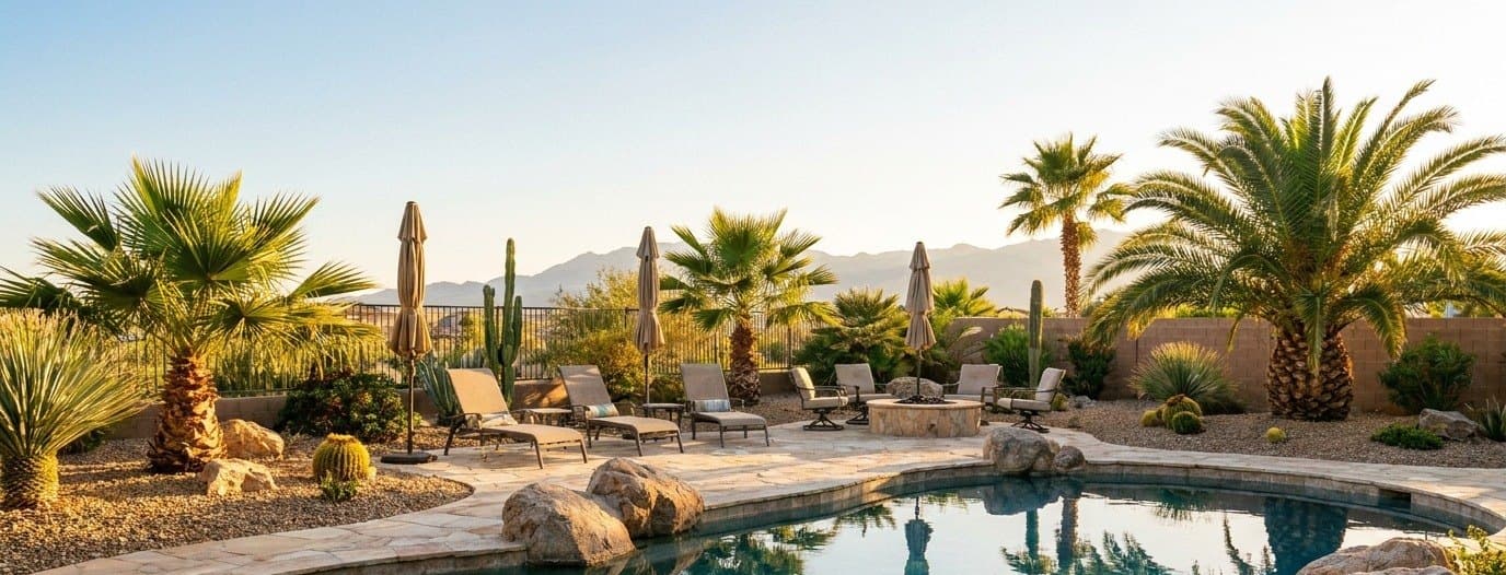 A Las Vegas backyard pool at golden hour, ringed by palms, desert boulders and the valley mountains beyond
