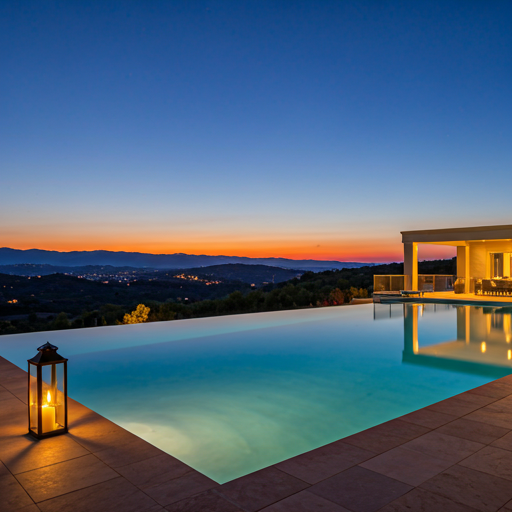 Luxury backyard pool with crystal clear blue water and warm ambient lighting